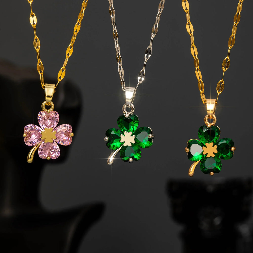Collier avec Pendentif Trèfle à 4 Feuilles Coloré argent et vert