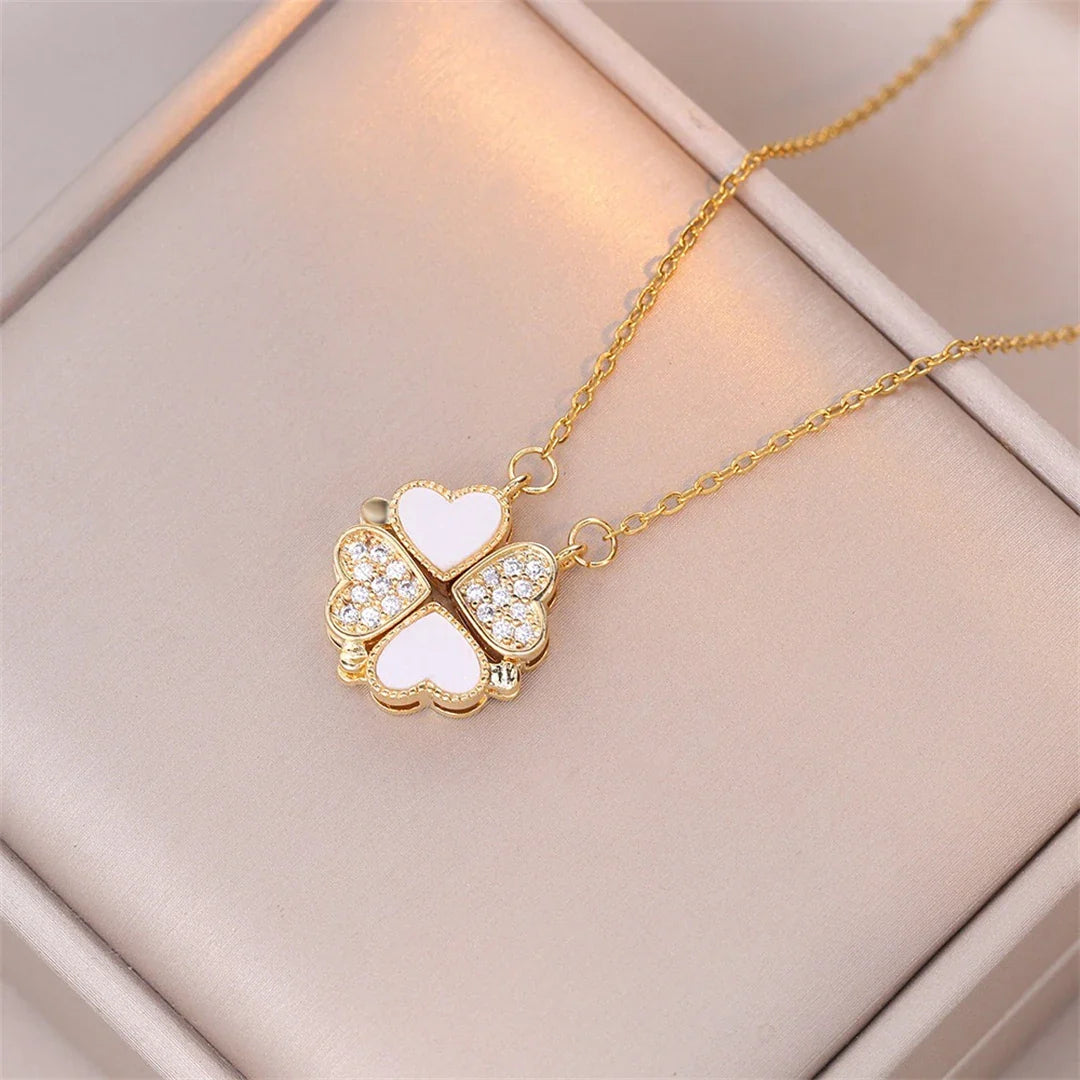 Collier avec Pendentifs Coeurs en Trèfle à 4 Feuilles or