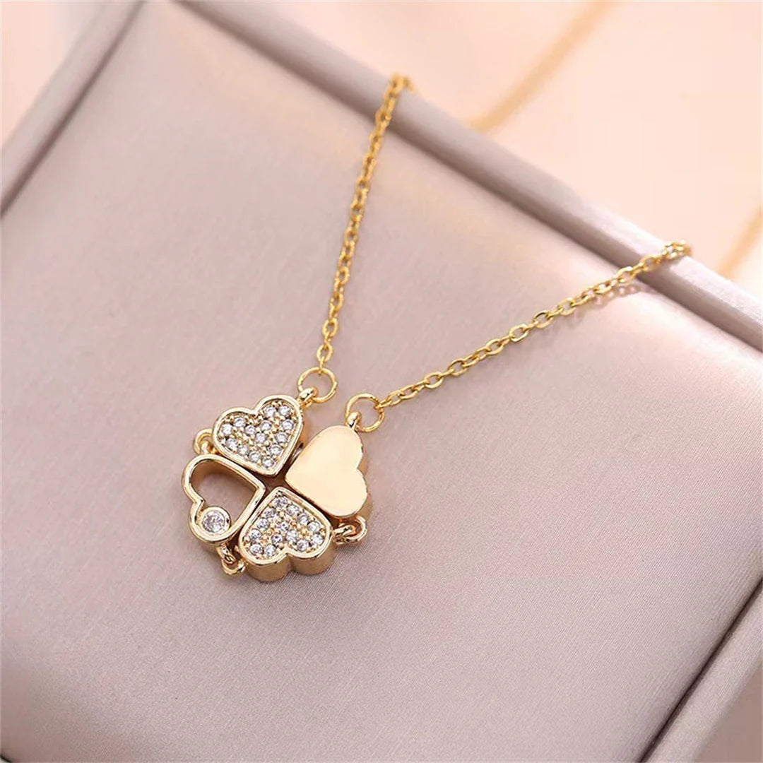 Collier avec Pendentifs Coeurs en Trèfle à 4 Feuilles or