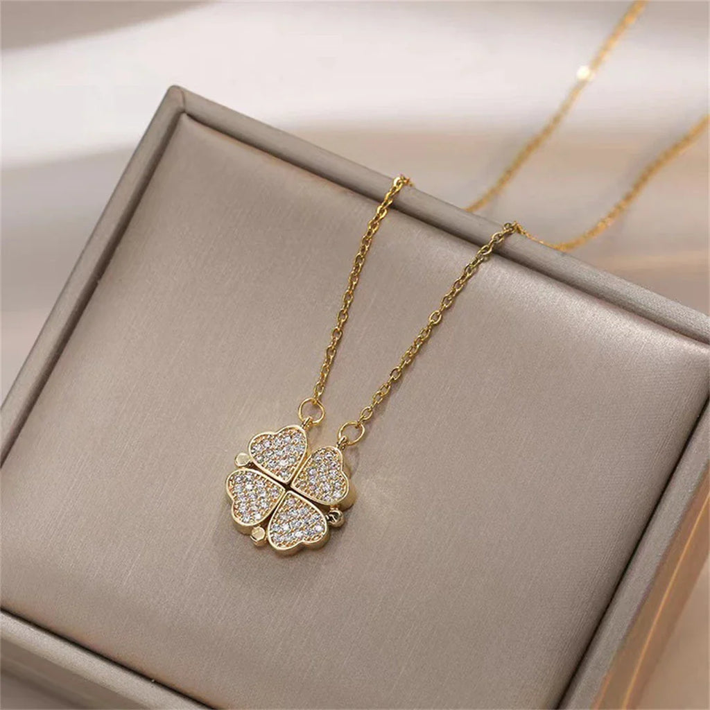 Collier Ras de Cou avec Pendentifs Coeurs Trèfle à 4 Feuilles pour Femme or
