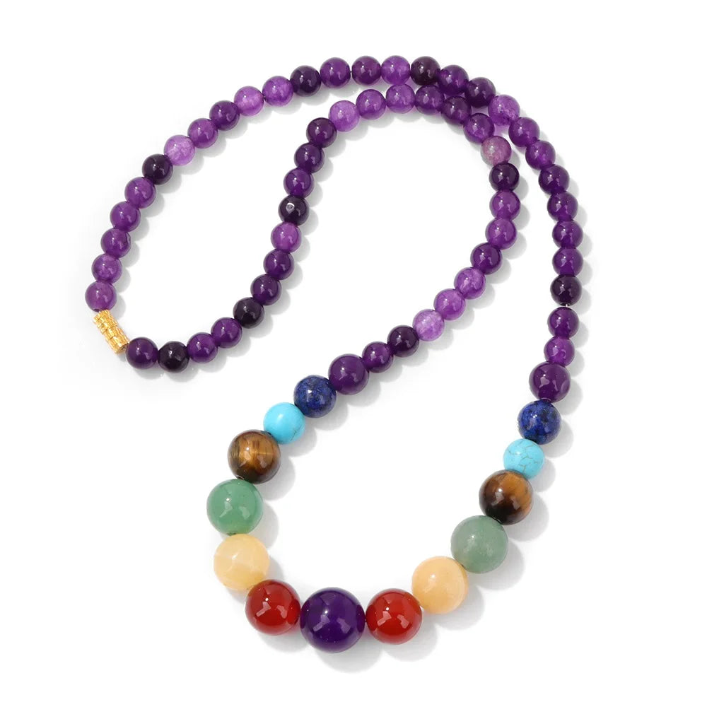 Collier de Protection avec Pendentif en Pierres 7 Chakras améthyste