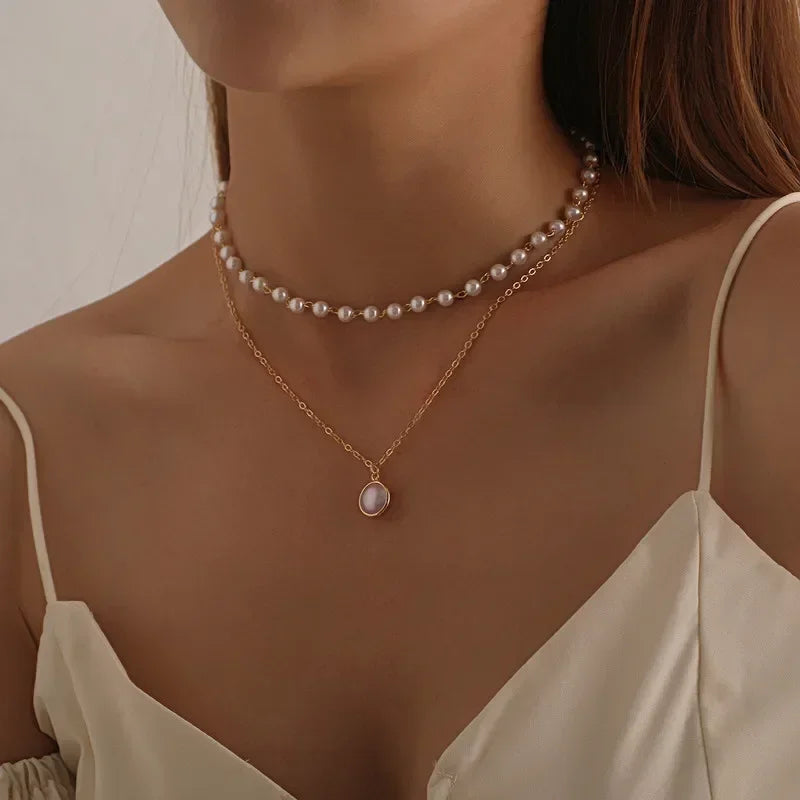 Collier Double Elégant avec Pendentif Perle or