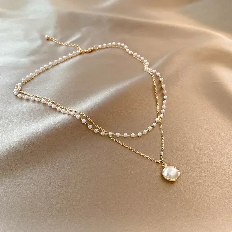 Collier Double Elégant avec Pendentif Perle or