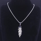 Collier et pendentif plume en acier inoxydable argent