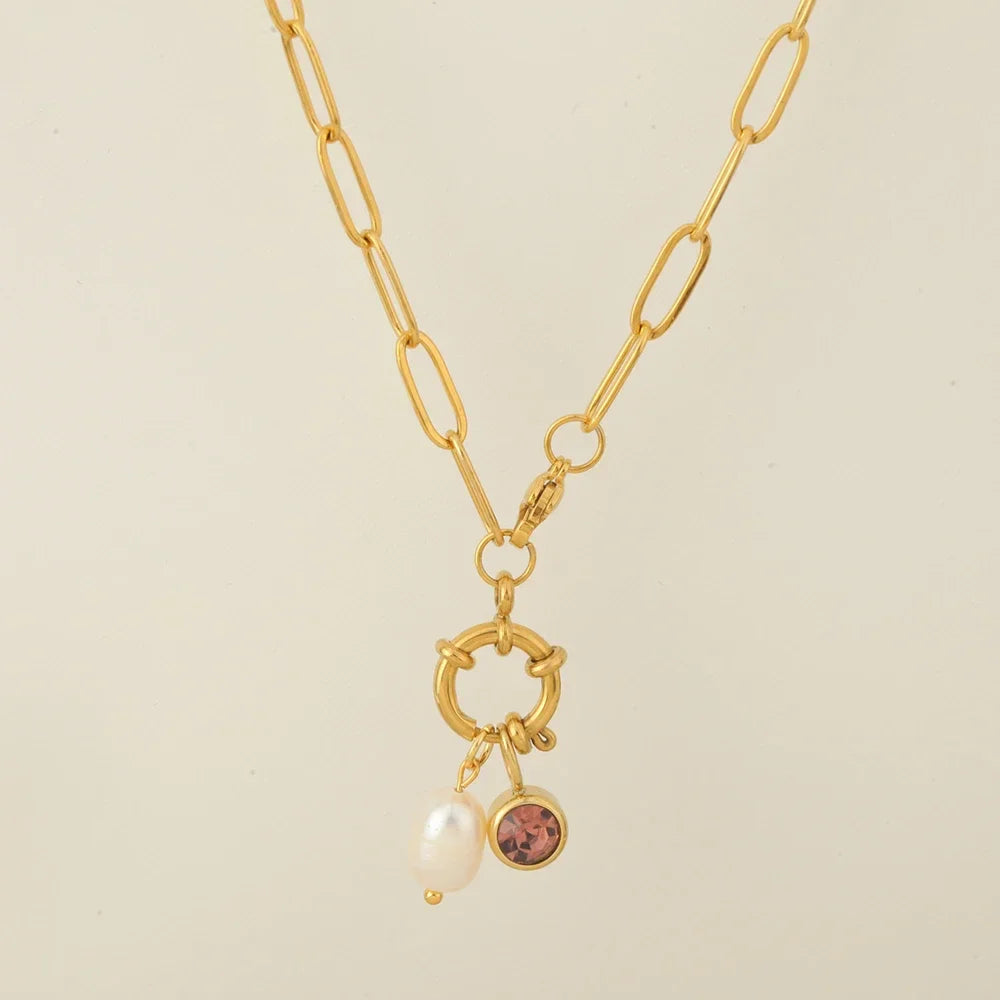 Collier maillons avec pendentif perle et pierre de naissance octobre