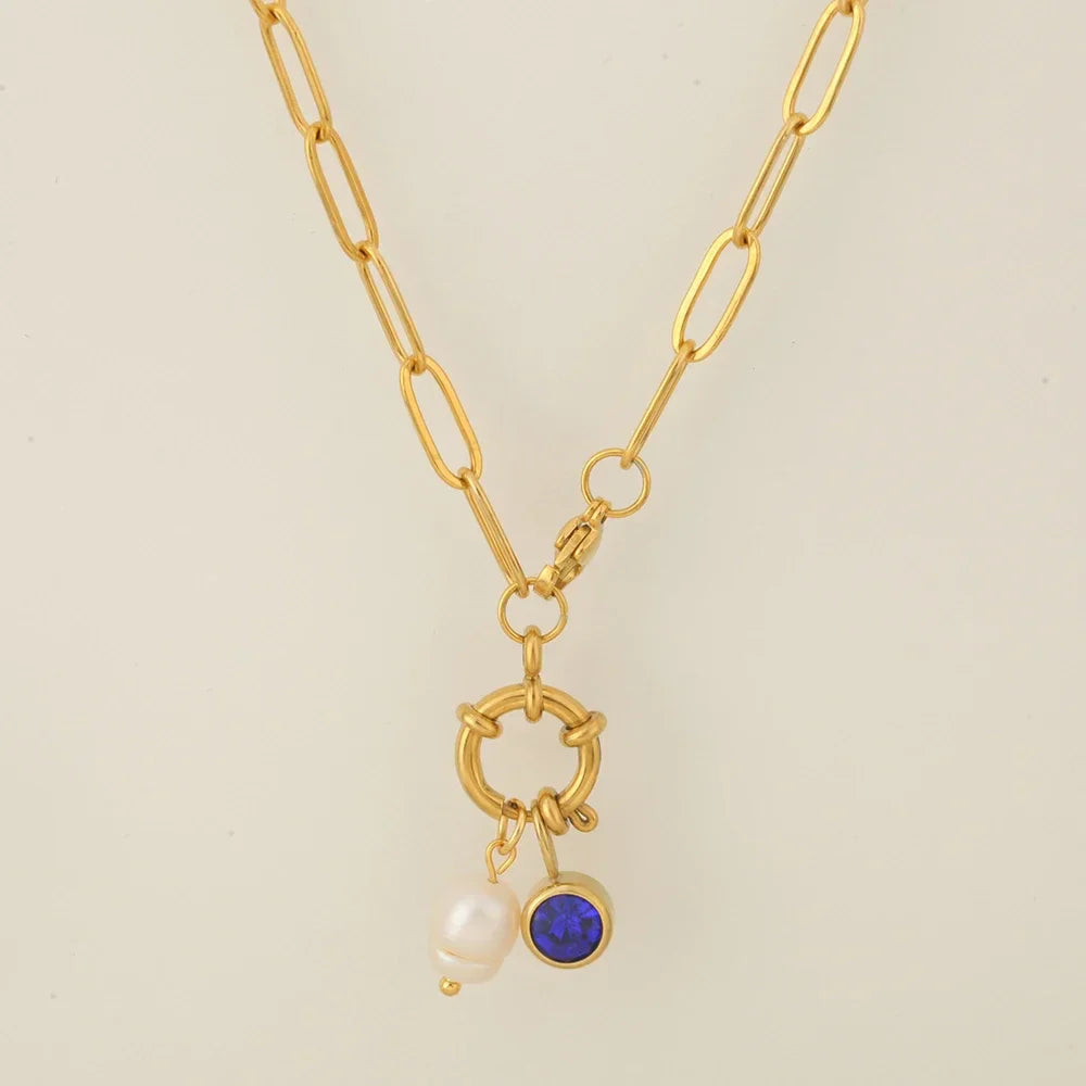 Collier maillons avec pendentif perle et pierre de naissance septembre