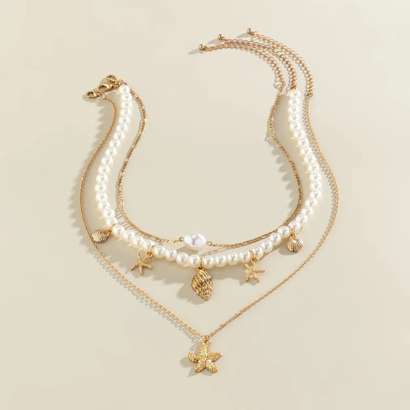 Collier Multirang avec Pendentifs Coquillages Etoiles de Mer