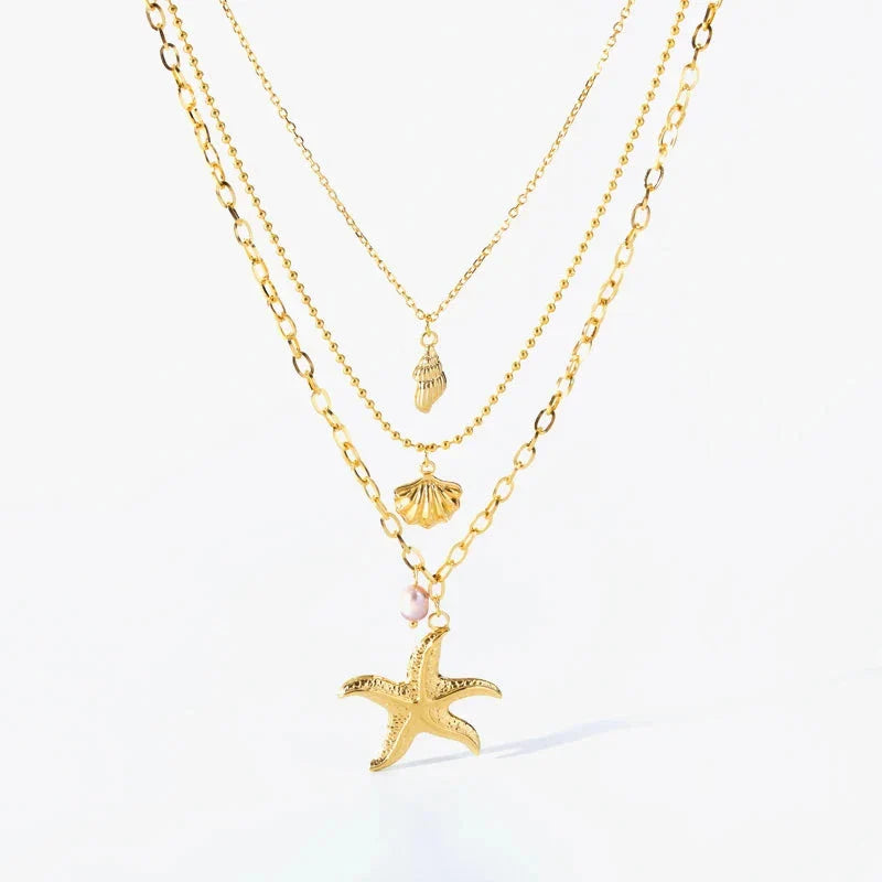 Collier Multirang Pendentif Coquillage Etoile de Mer Conque Coquille Saint-Jacques
