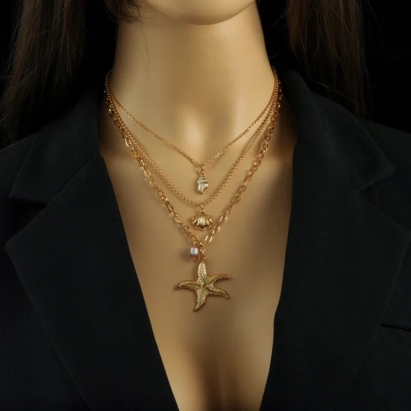 Collier Multirang Pendentif Coquillage Etoile de Mer Conque Coquille Saint-Jacques