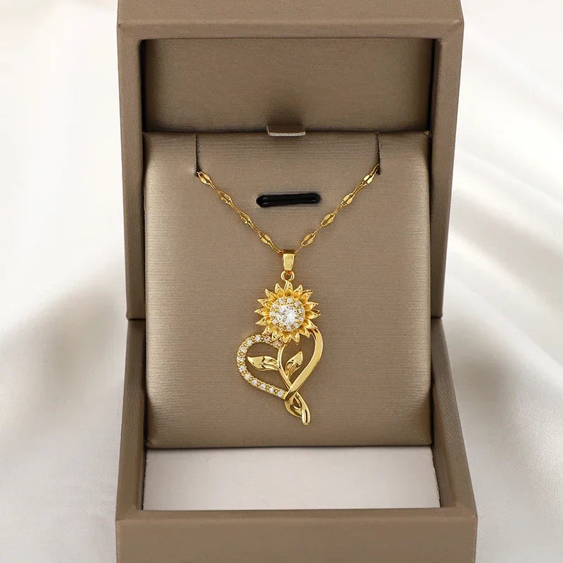 Collier Pendentif avec Coeur et Fleur de Tournesol Tournant Anti-Stress