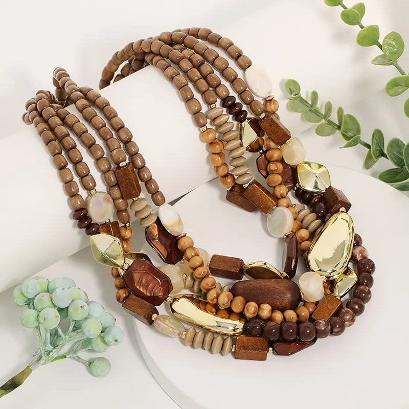 Collier Pendentif de Perles et Bois marron