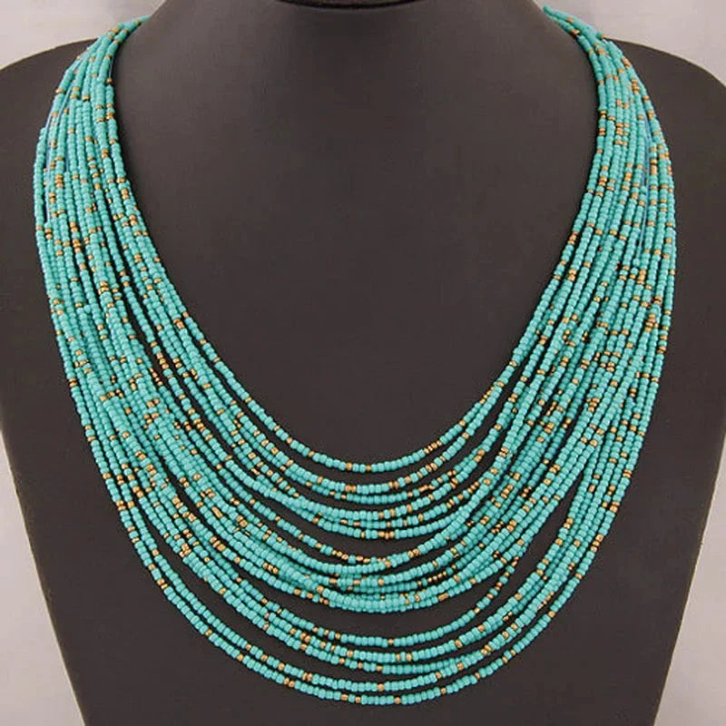 Collier Pendentif Ethniques Africains Multirangs bleu 