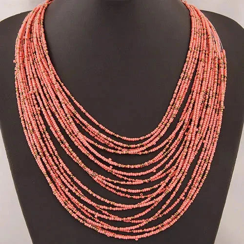 Collier Pendentif Ethniques Africains Multirangs rose