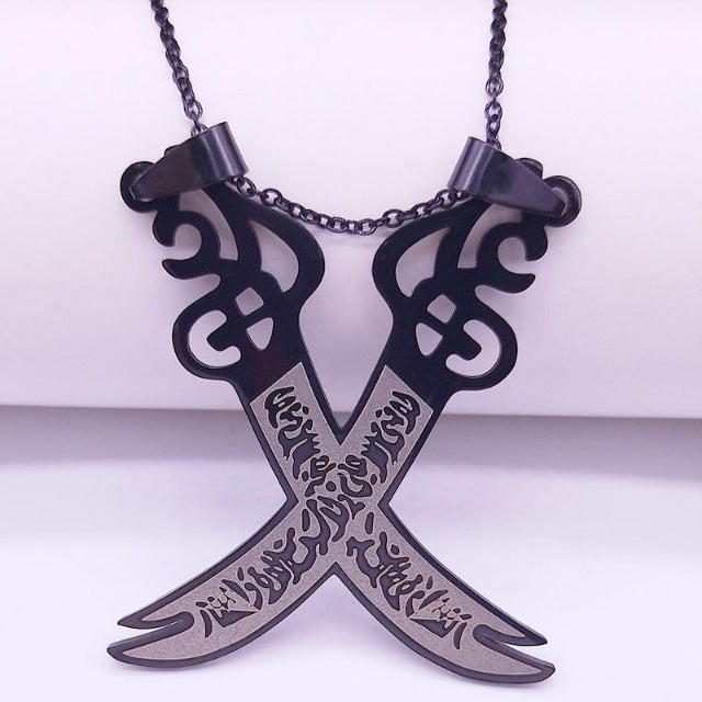 Collier Pendentif Islam Musulman Epée d'Ali Zulfikar noir