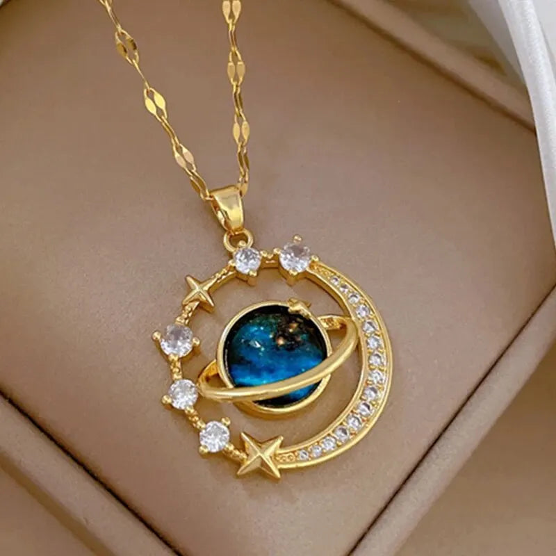 Collier Pendentif Planète et Etoiles