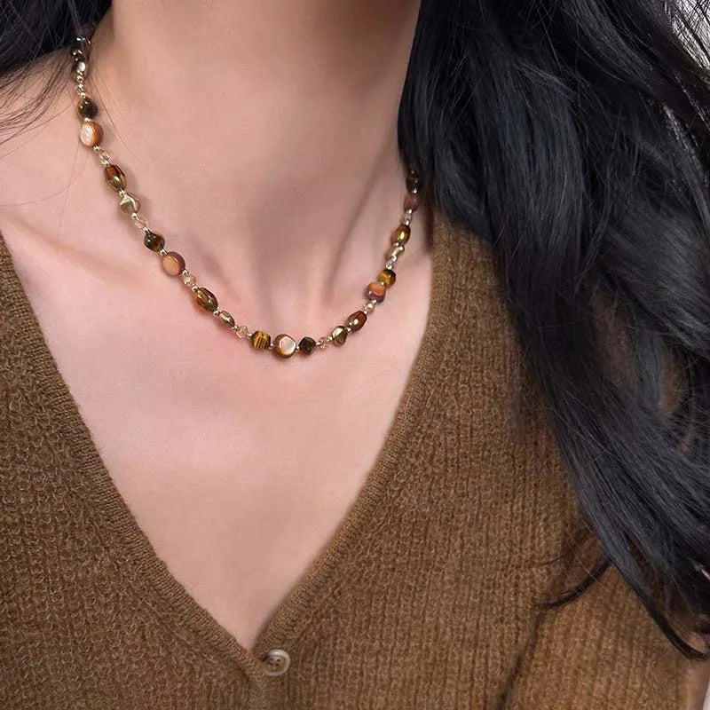 Collier Pendentif Ras de Cou en Perles Oeil de Tigre A