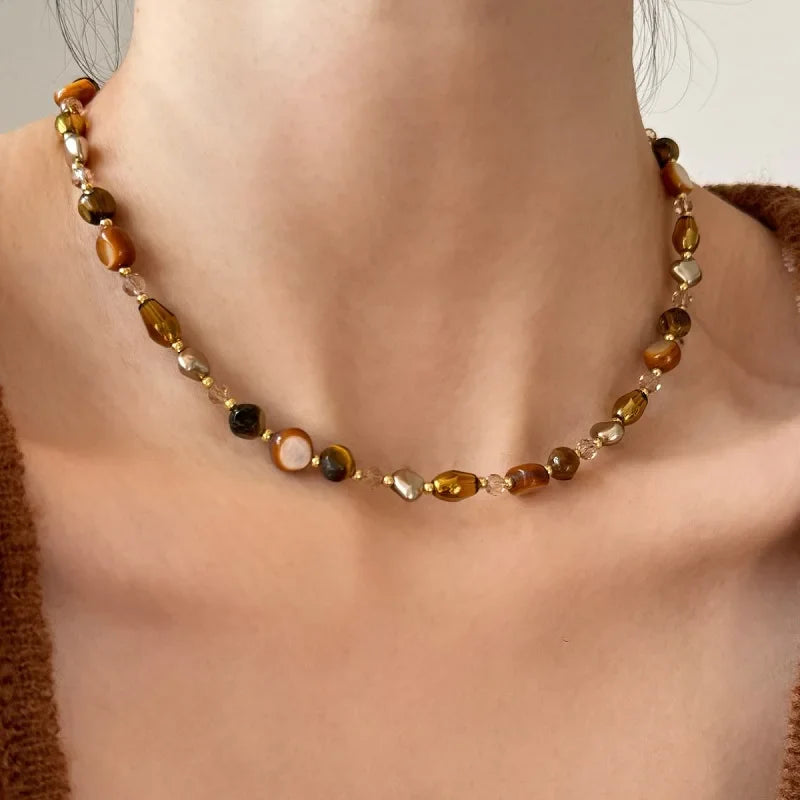 Collier Pendentif Ras de Cou en Perles Oeil de Tigre A