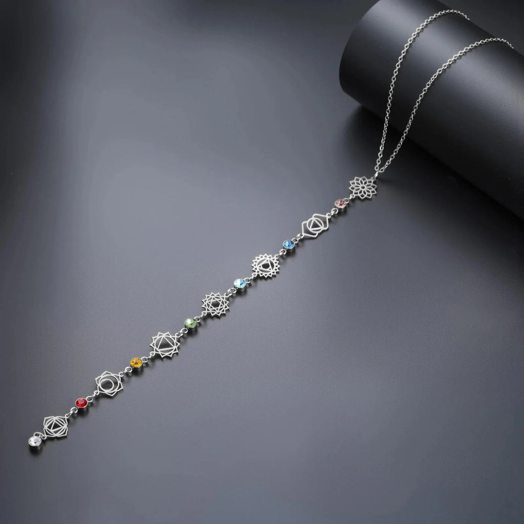 Collier Ras de Cou Pendentif avec Pierres en Zircon 7 Chakras argent