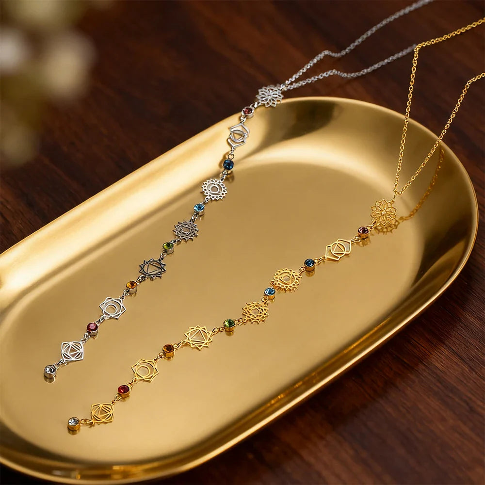 Collier Ras de Cou Pendentif avec Pierres en Zircon 7 Chakras or