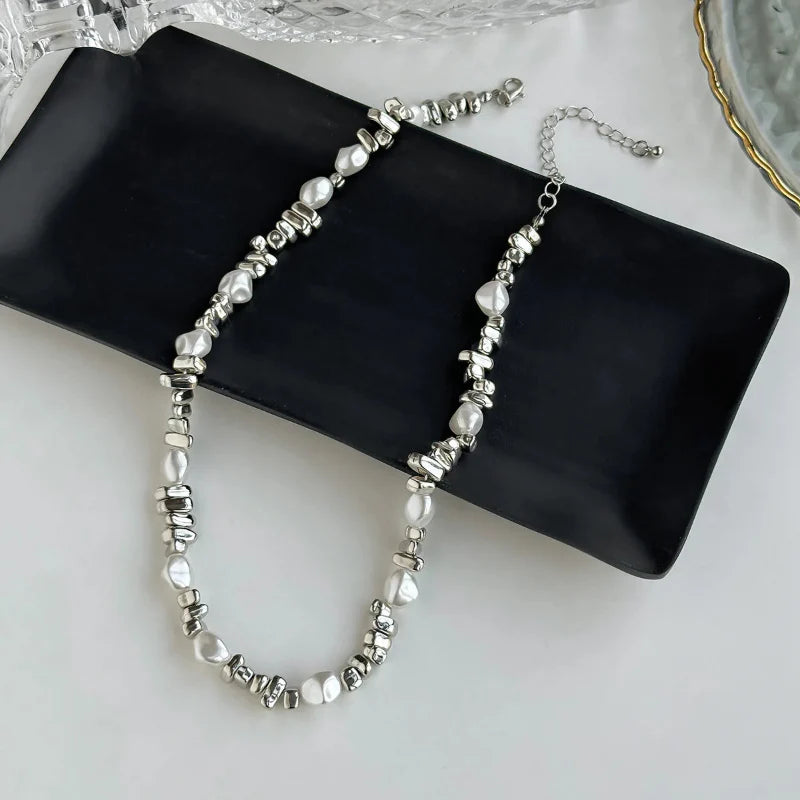 Collier Ras de Cou avec Pendentifs Perles pour Femme argent