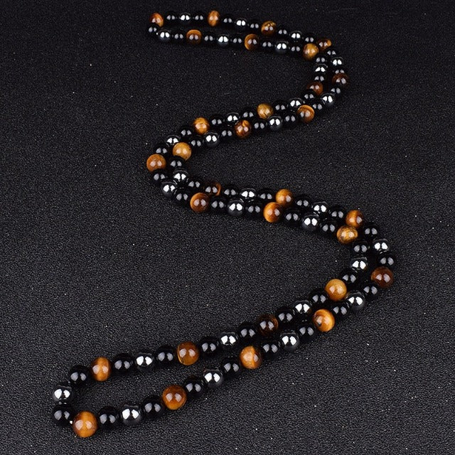 Collier "Triple Protection" en Hematite Oeil-de-Tigre et Obsidienne Chapelet