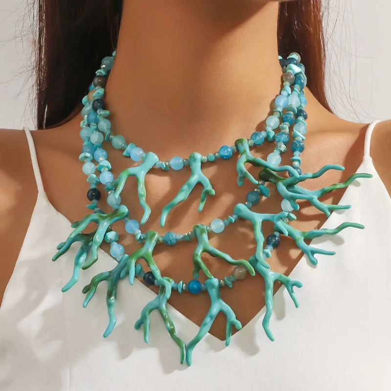 Collier Triple Rang Ras de Cou Corail vert