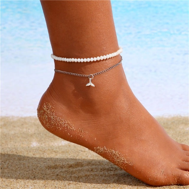 Double Bracelet de Cheville Perle Femme Bijoux