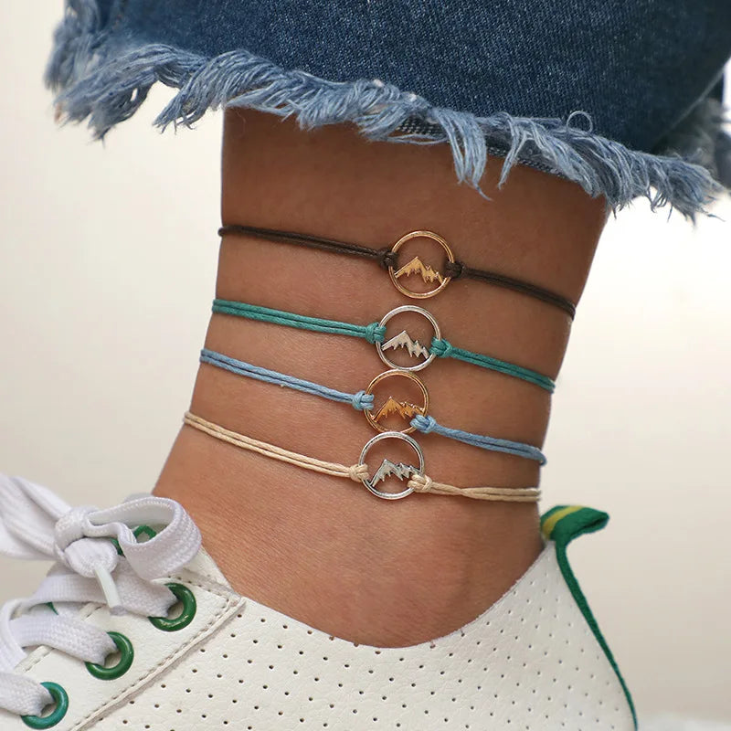 Lot de 4 Bracelets en Corde avec Pendentif Rond Montagne